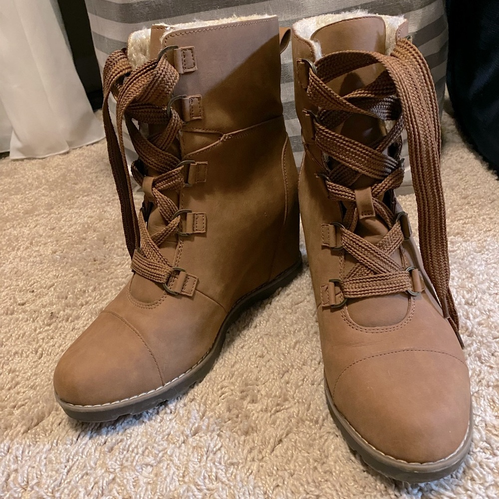 Camel lace up wedge booties